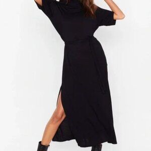 Nasty Gal Black jersey mockneck Midi Dress with side slits - Size US 8